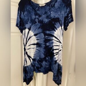 Tryst Navy White Tie-Dye V-Neck Short Sleeve Top